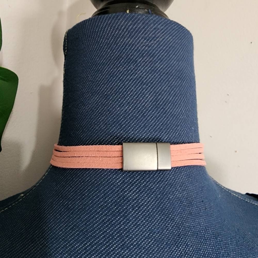 Pink, Tan and Grey Suede Multi String Choker Necklace Set - Picture 3 of 10